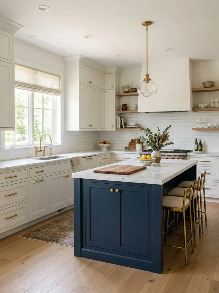 Two-tone kitchen with warm white cabinets and a navy blue island.