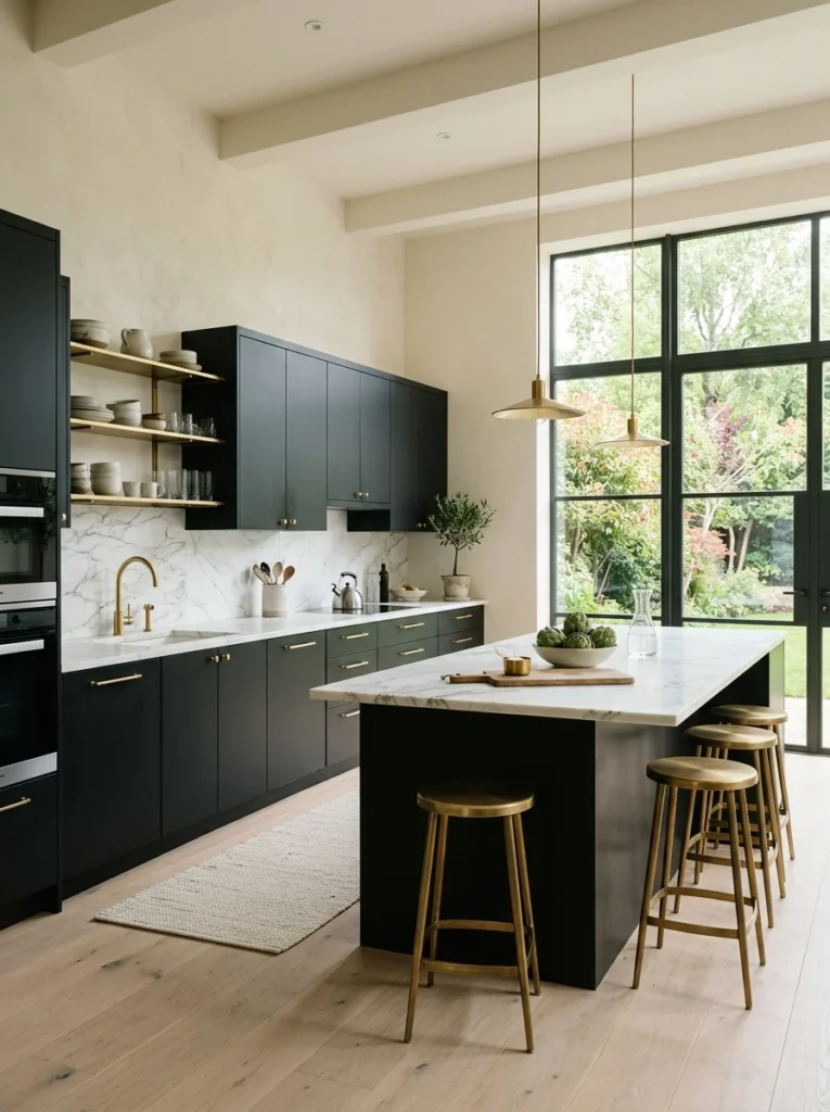 Dramatic black kitchen cabinets balanced with white marble and natural light.