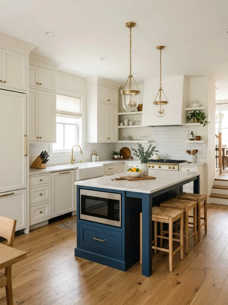 Timeless kitchen with neutral cabinets and a classic blue island.