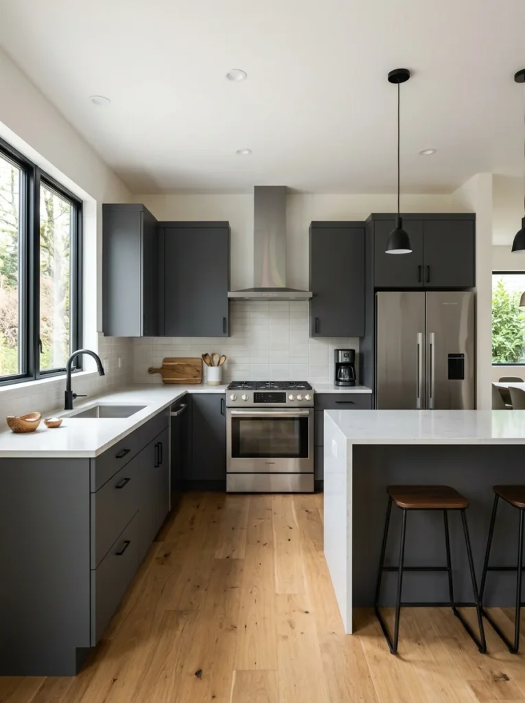 Modern kitchen with charcoal gray cabinets and light countertops.