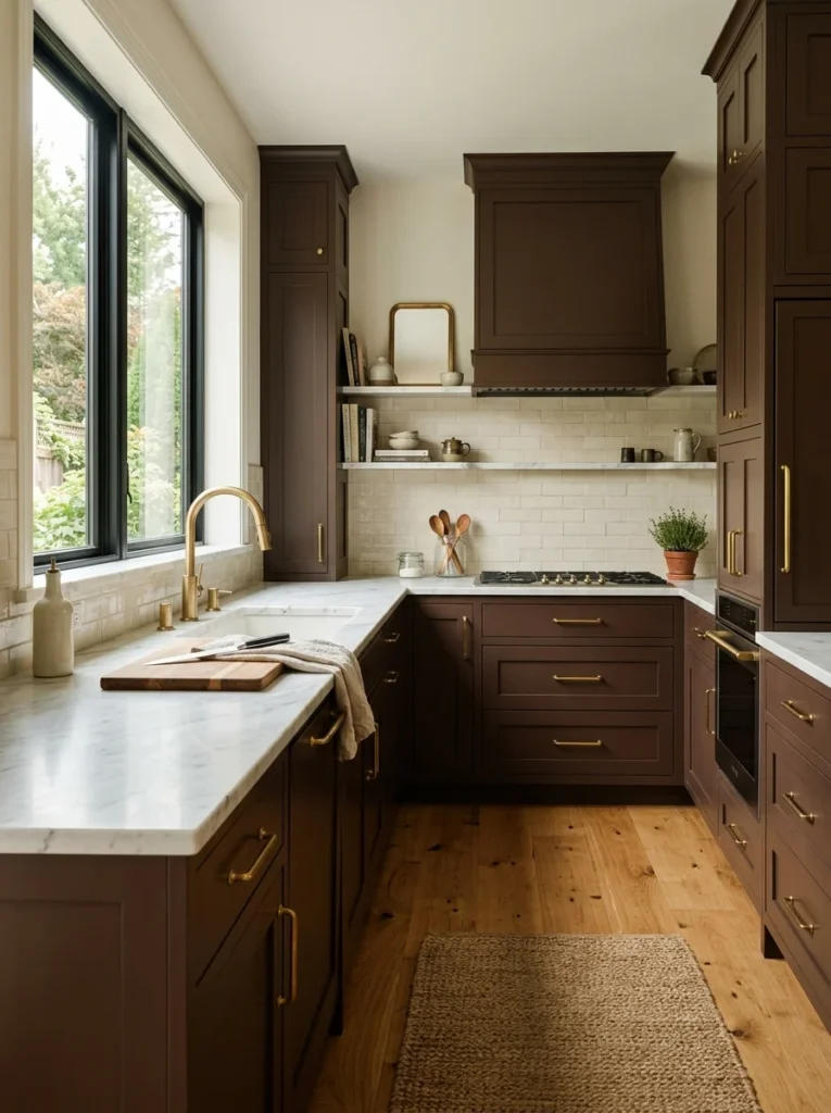 Warm contemporary kitchen with rich chocolate brown cabinets and brass hardware.