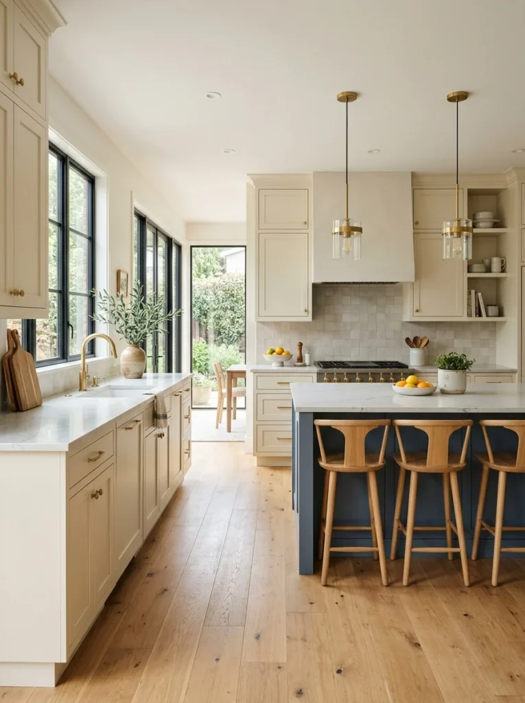 Warm cream cabinets contrast with a cool slate blue kitchen island.