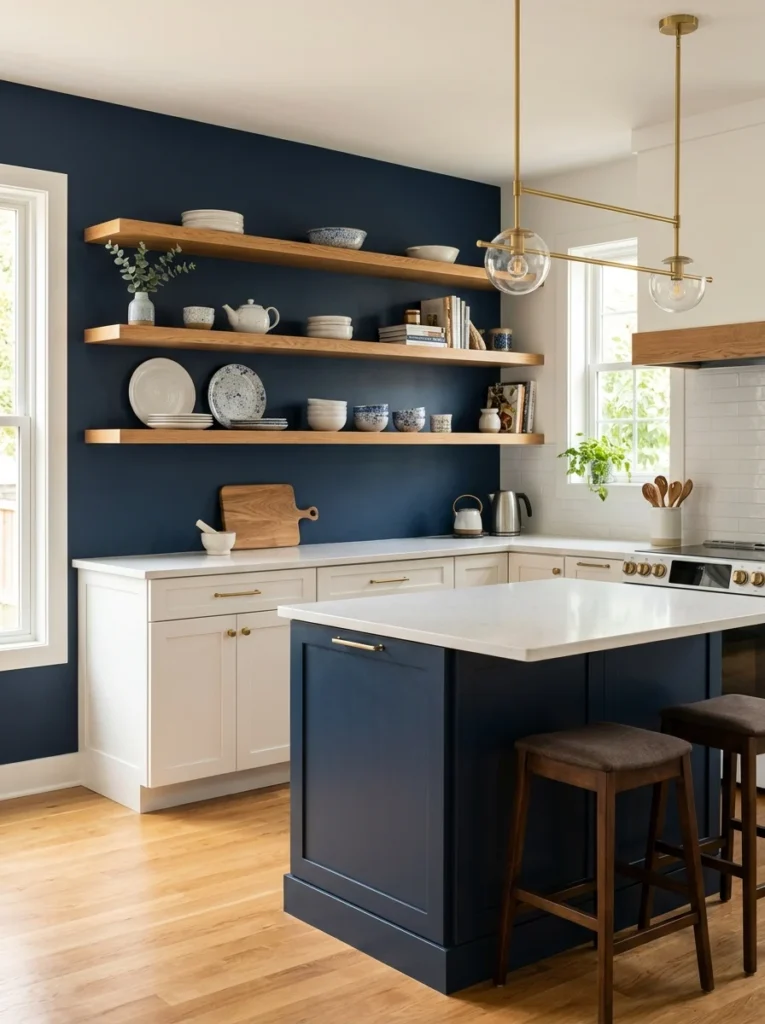 Brushed brass hardware connects white and navy kitchen cabinets.