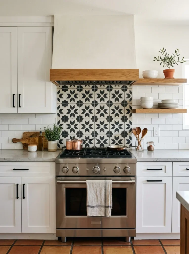 White kitchen featuring a black and white geometric cement tile backsplash.