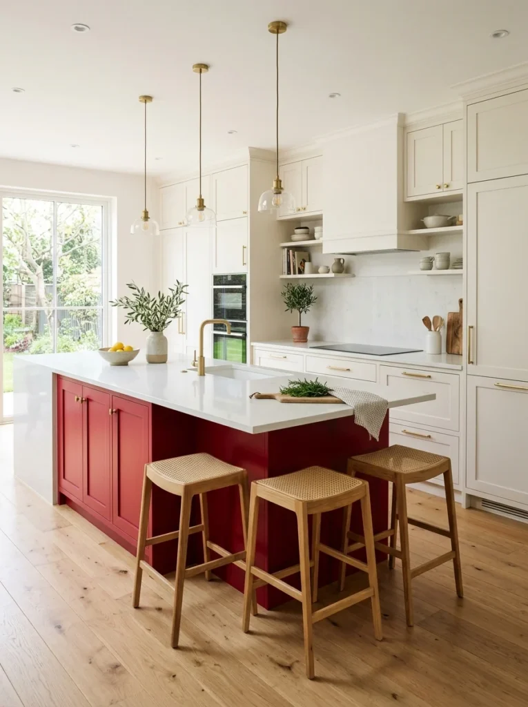 White kitchen cabinets with a bold red island as an accent color.