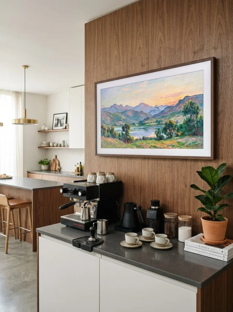 Art television displayed in a modern kitchen.