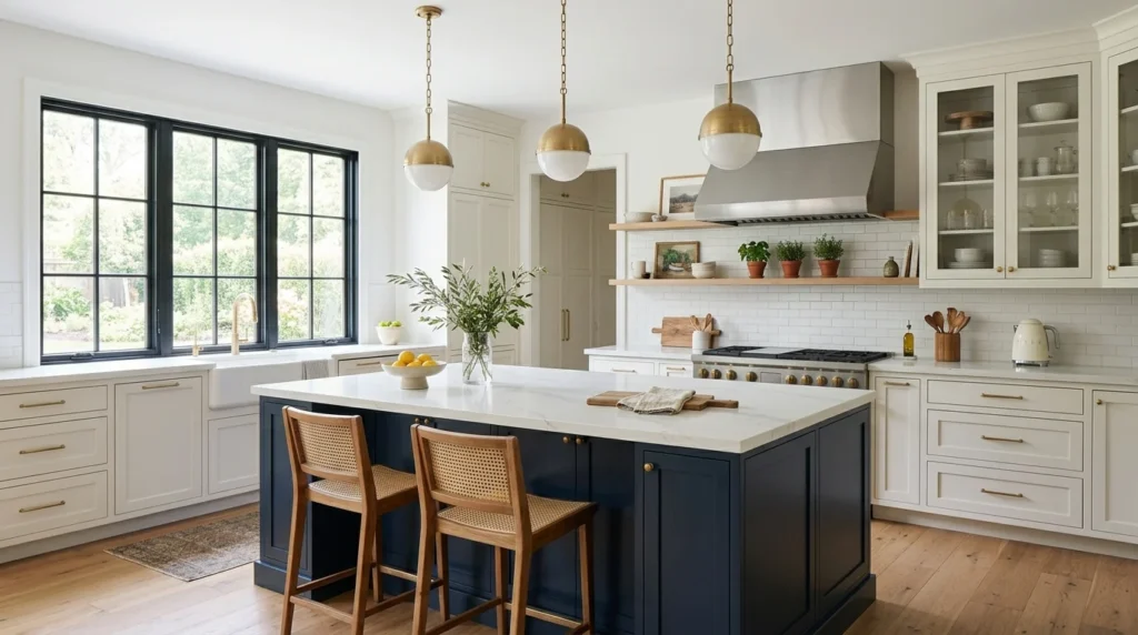 Modern kitchen with navy island and warm white two-tone cabinets.