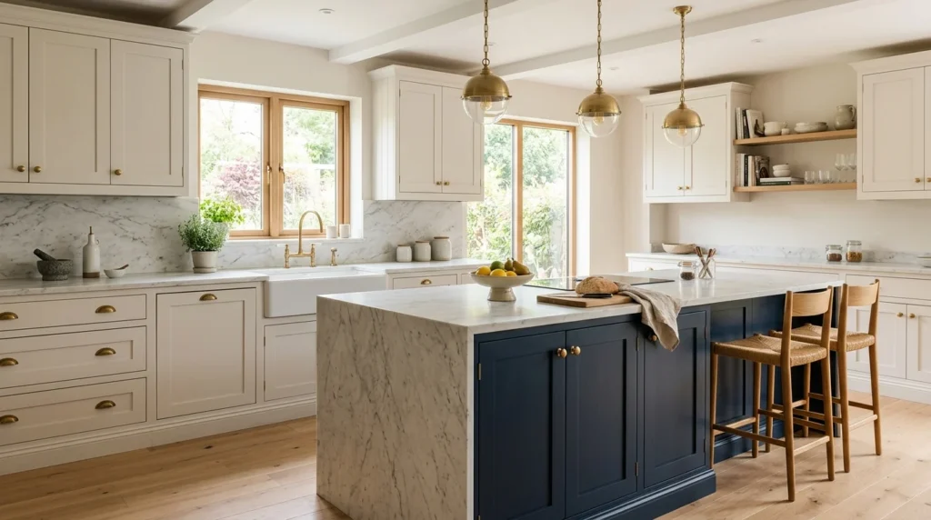 Modern kitchen with warm white cabinets and a deep navy island with brass hardware.