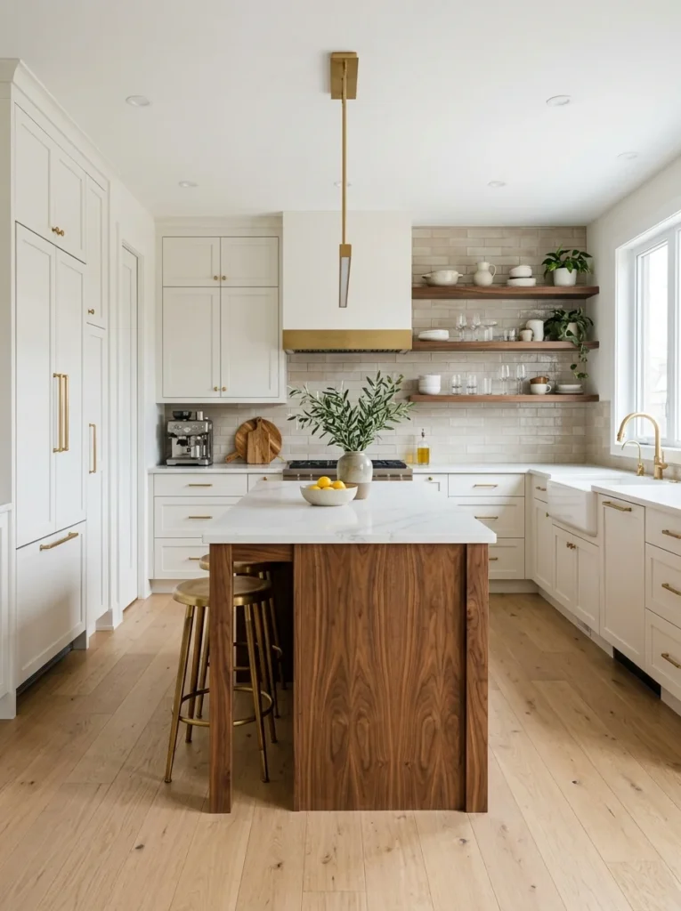 Walnut wood island paired with white painted kitchen cabinets.