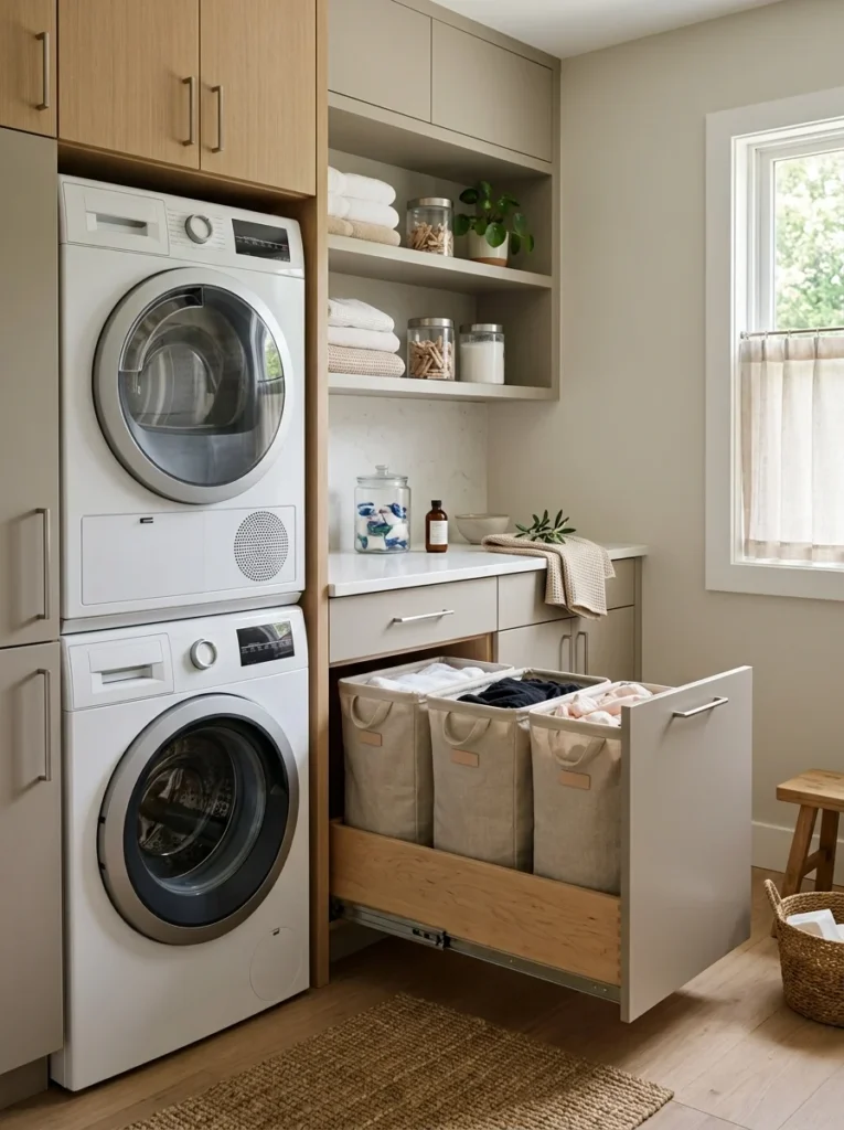 Built-in laundry hamper sorting system with three compartments