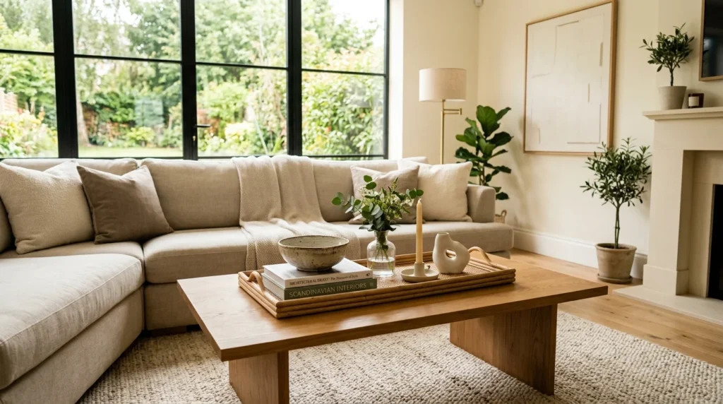 Stylishly decorated wooden coffee table with books, tray, vase, candle, and neutral living room decor.