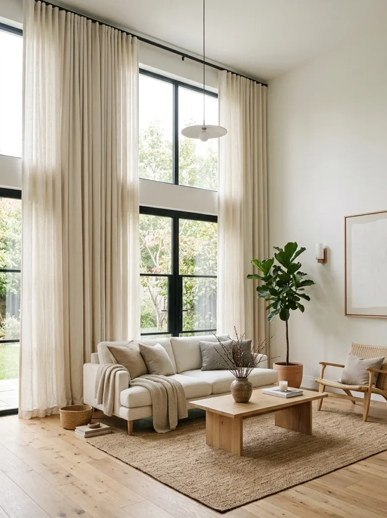 Living room curtains mounted high above the window frame to create a taller appearance.