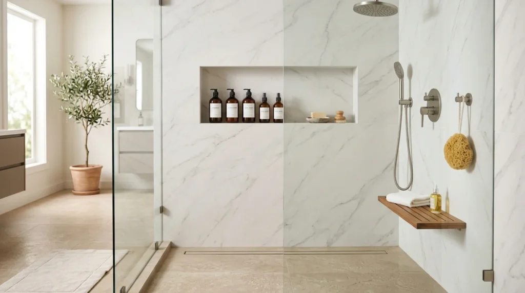 Organized modern walk-in shower with recessed niche and storage shelves