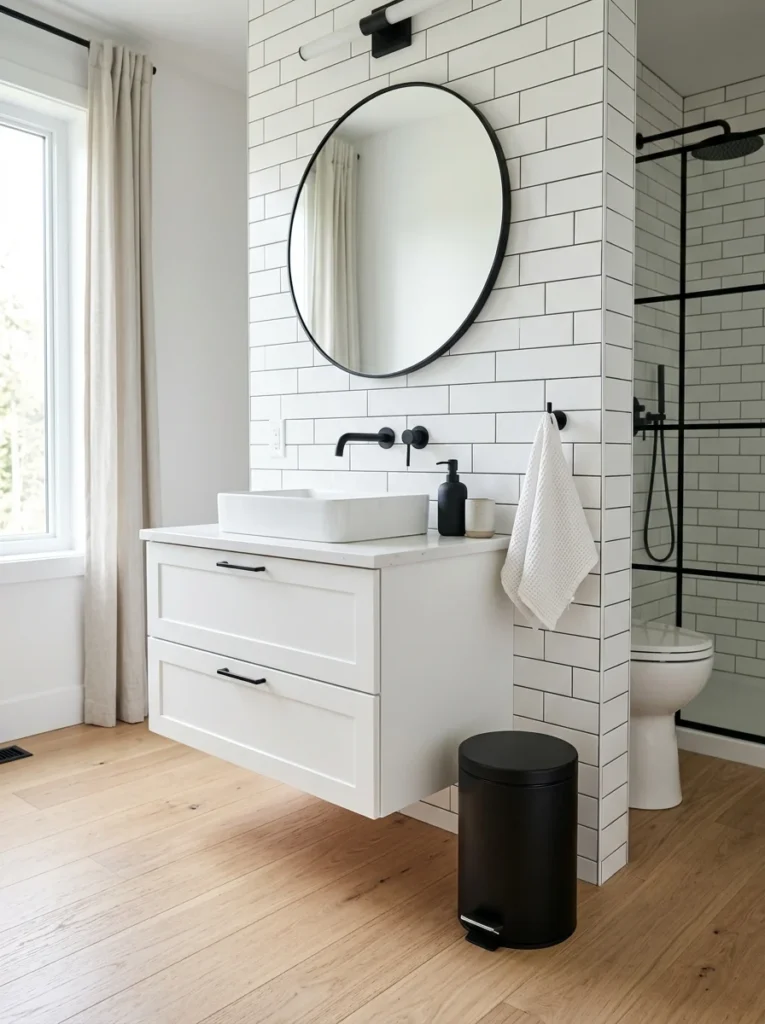 Modern bathroom with a matte black metal trash can and black fixtures.