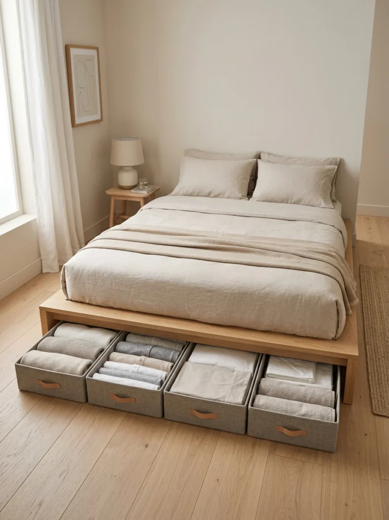Slim storage containers beneath a low platform bed