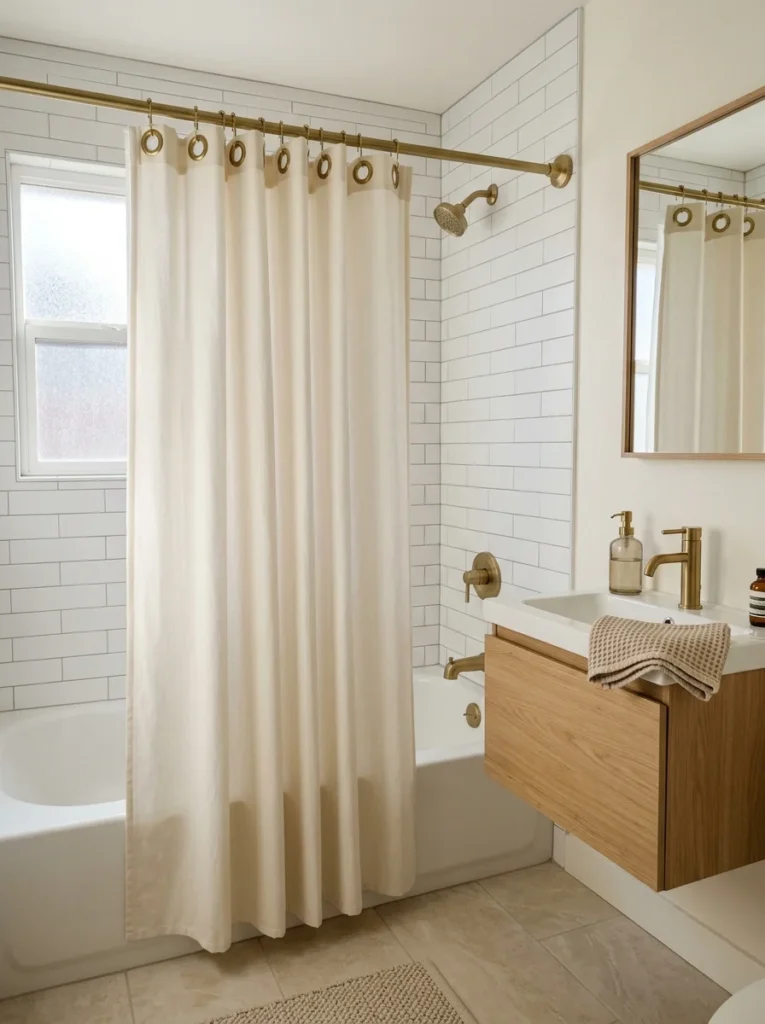 Modern small bathroom with a cream grommet-top shower curtain.