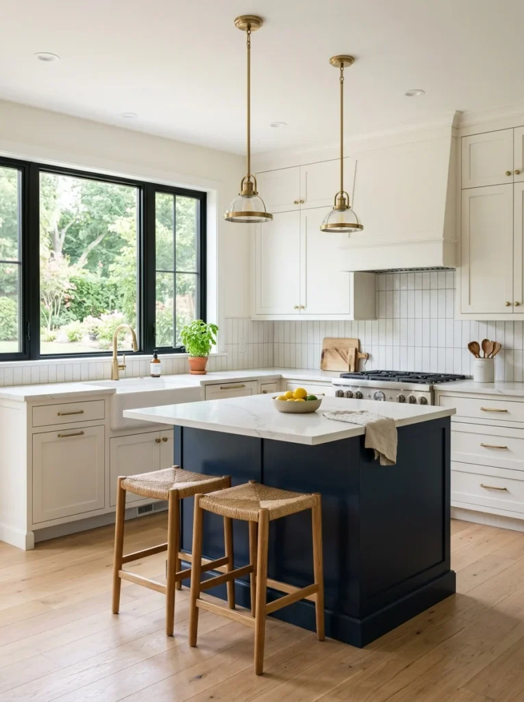 Navy and white kitchen cabinets balanced by a simple neutral backsplash.