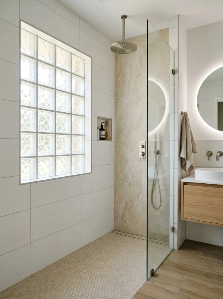 Textured glass block window providing privacy and diffused light in a bathroom shower.