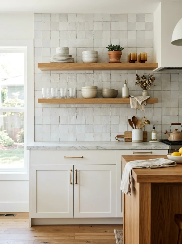 White kitchen with open wood shelves displayed against a zellige backsplash.