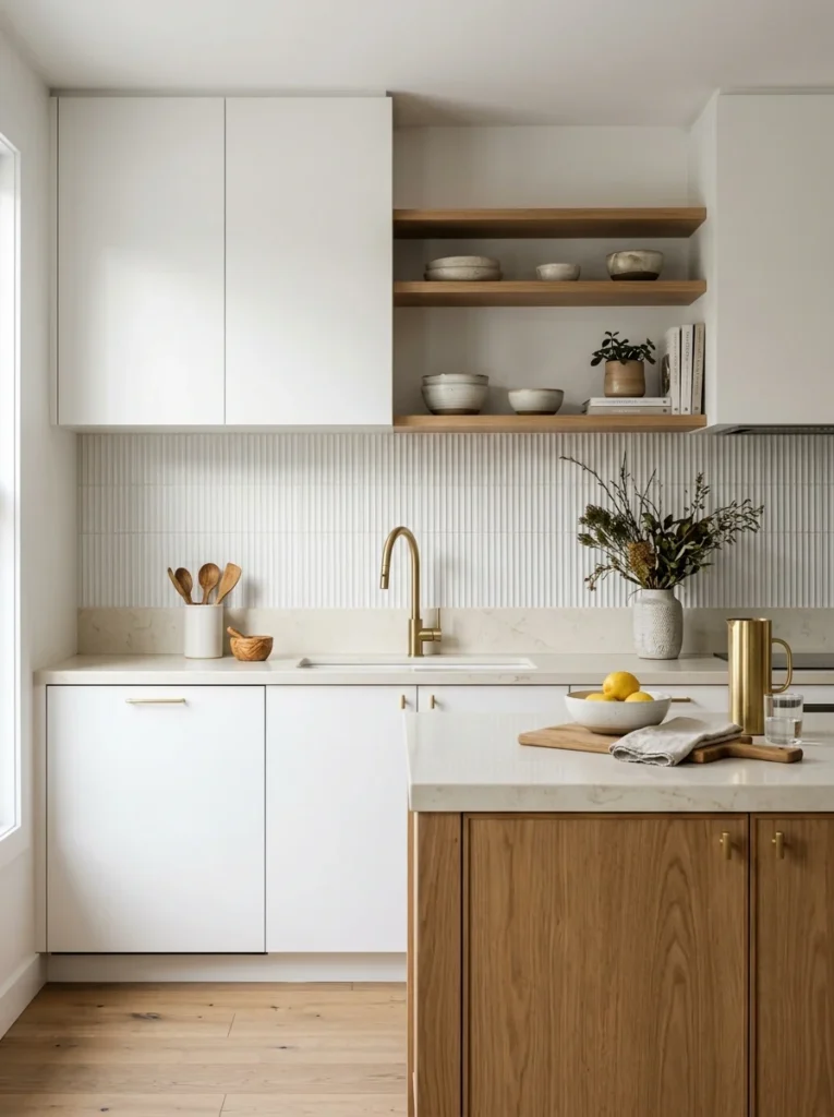 Modern white kitchen with a fluted textured backsplash adding subtle dimension.