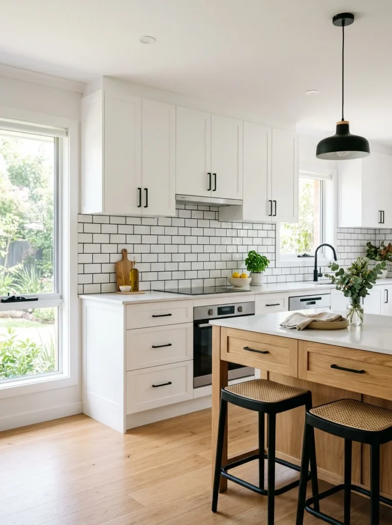White subway backsplash with dark contrasting grout in a modern kitchen.