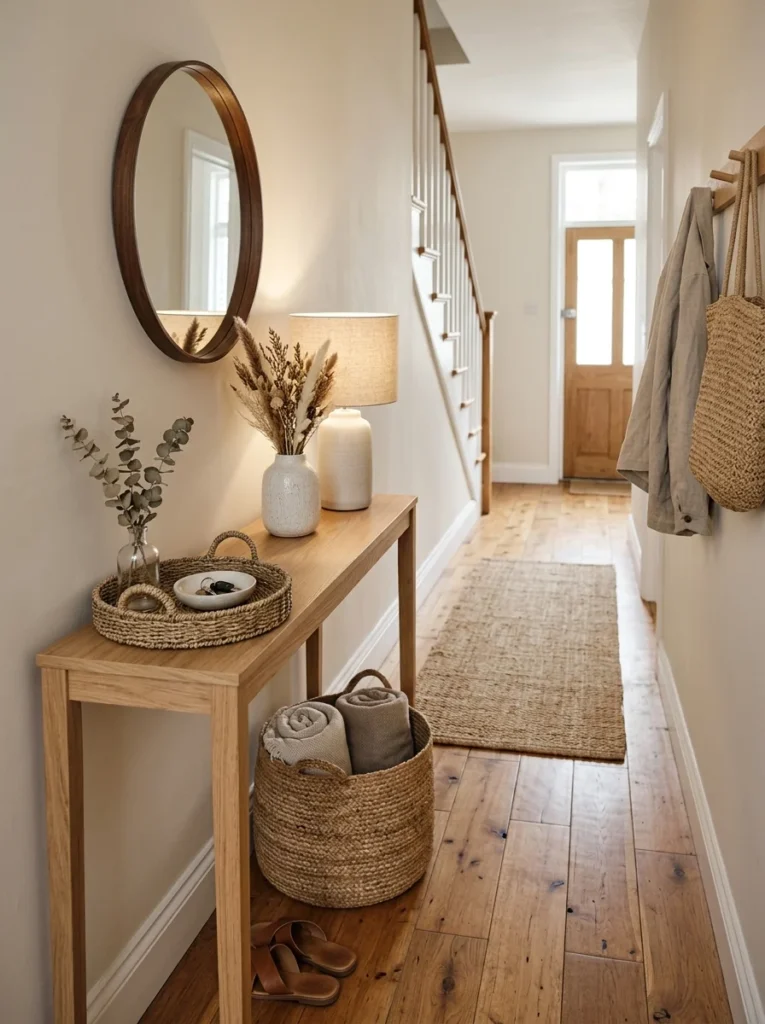 Slim wood console table styling a narrow entryway