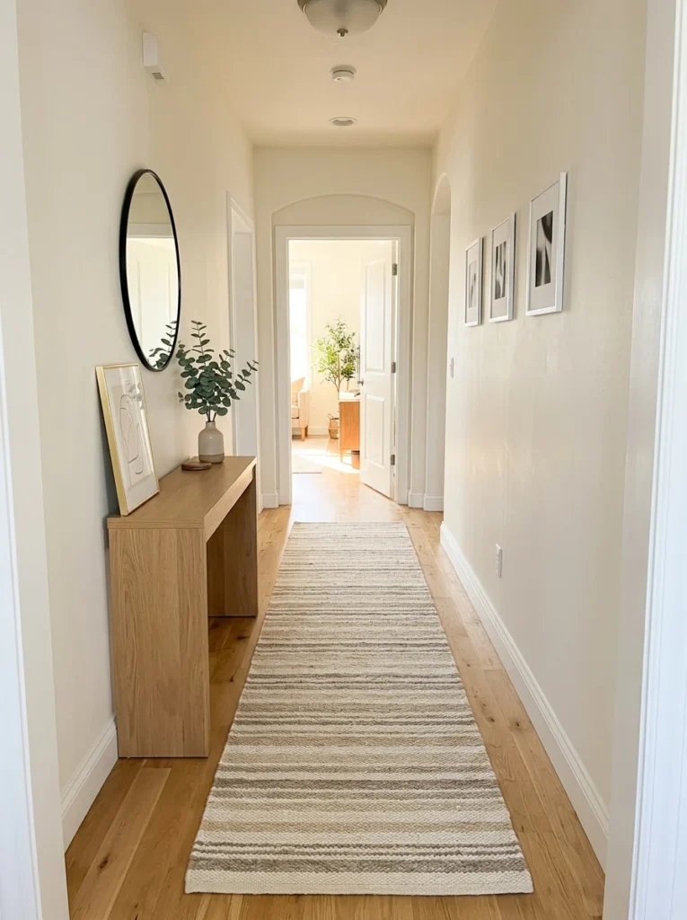 Horizontally patterned runner making a narrow entryway feel wider