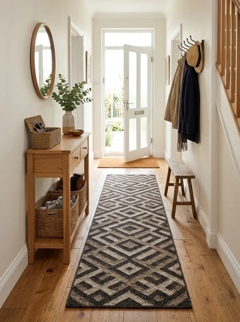 Patterned entryway runner that helps hide everyday dirt