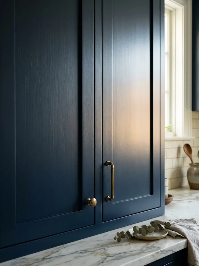 Navy kitchen cabinets showing a subtle satin finish under natural light.