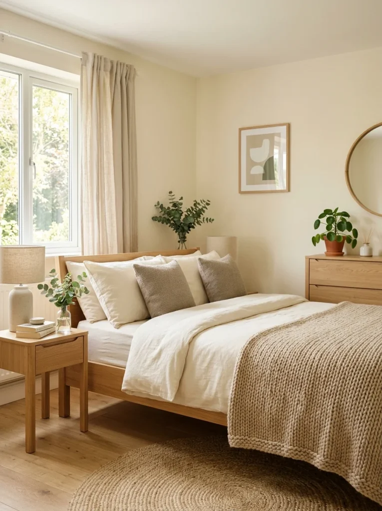 Calm neutral bedroom with cream, beige, and soft sage decor.