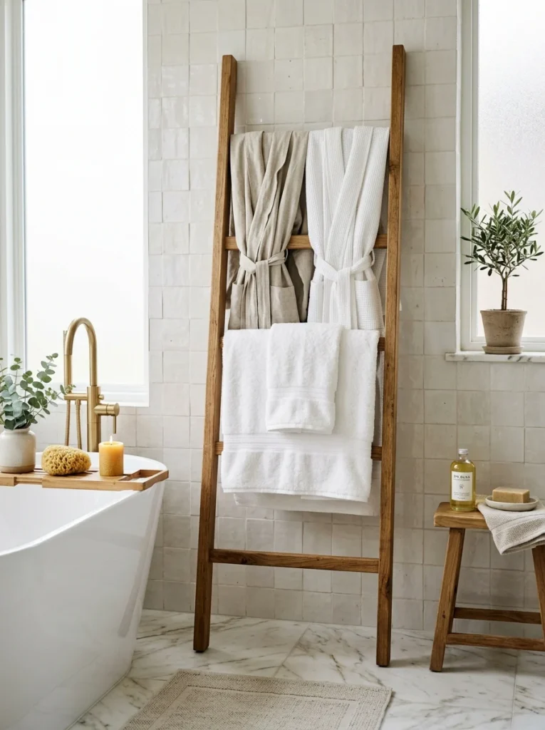 Natural oak ladder towel rack in a modern bathroom.
