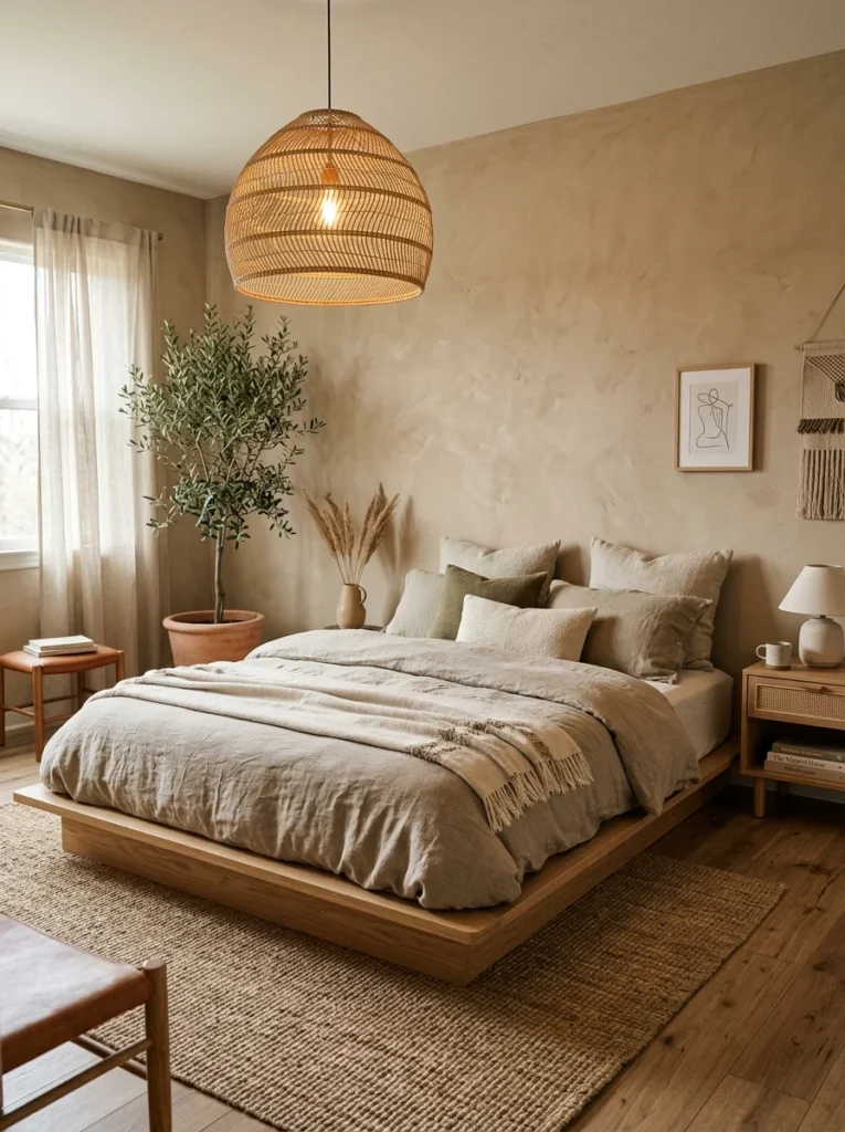 Low platform bed in a modern boho bedroom
