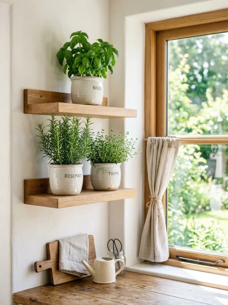 Floating shelves displaying kitchen herbs.