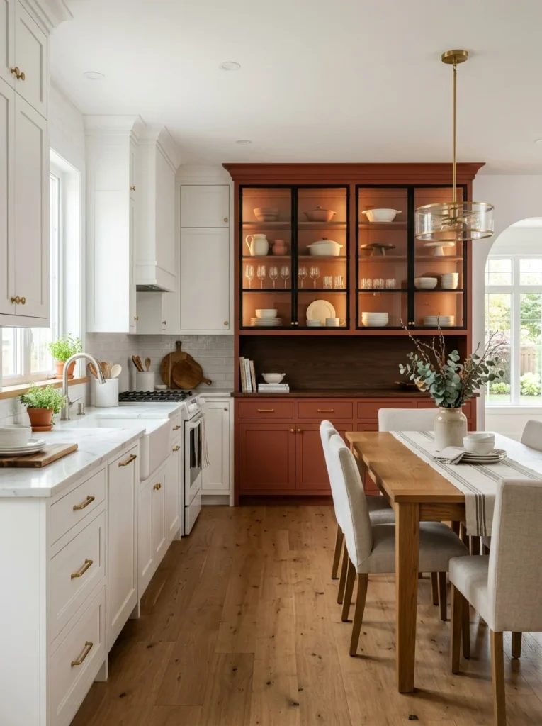 Terracotta built-in hutch creates a colorful accent beside white kitchen cabinets.