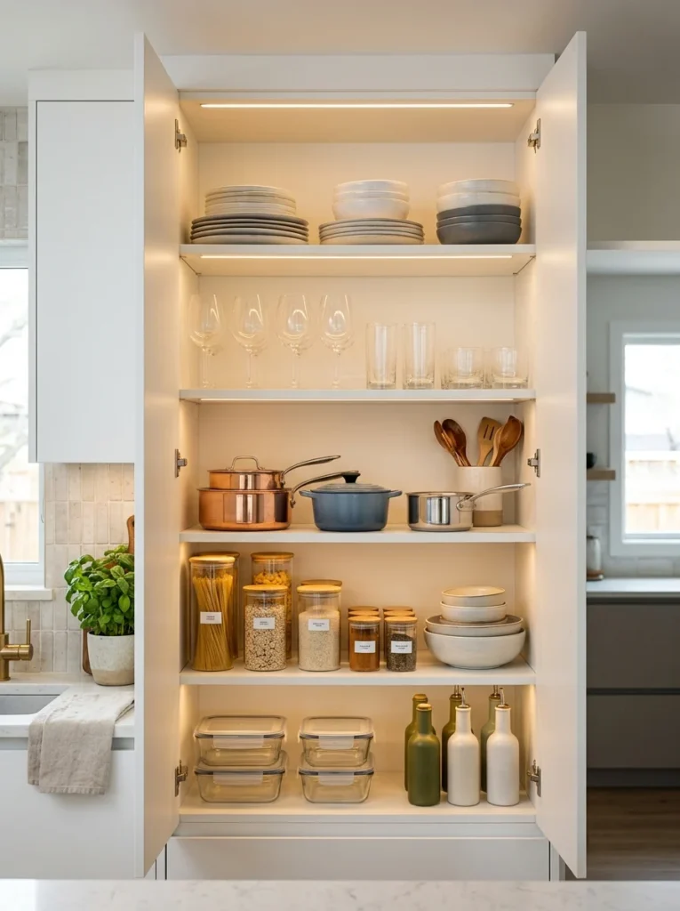 LED cabinet lighting improving visibility inside kitchen storage