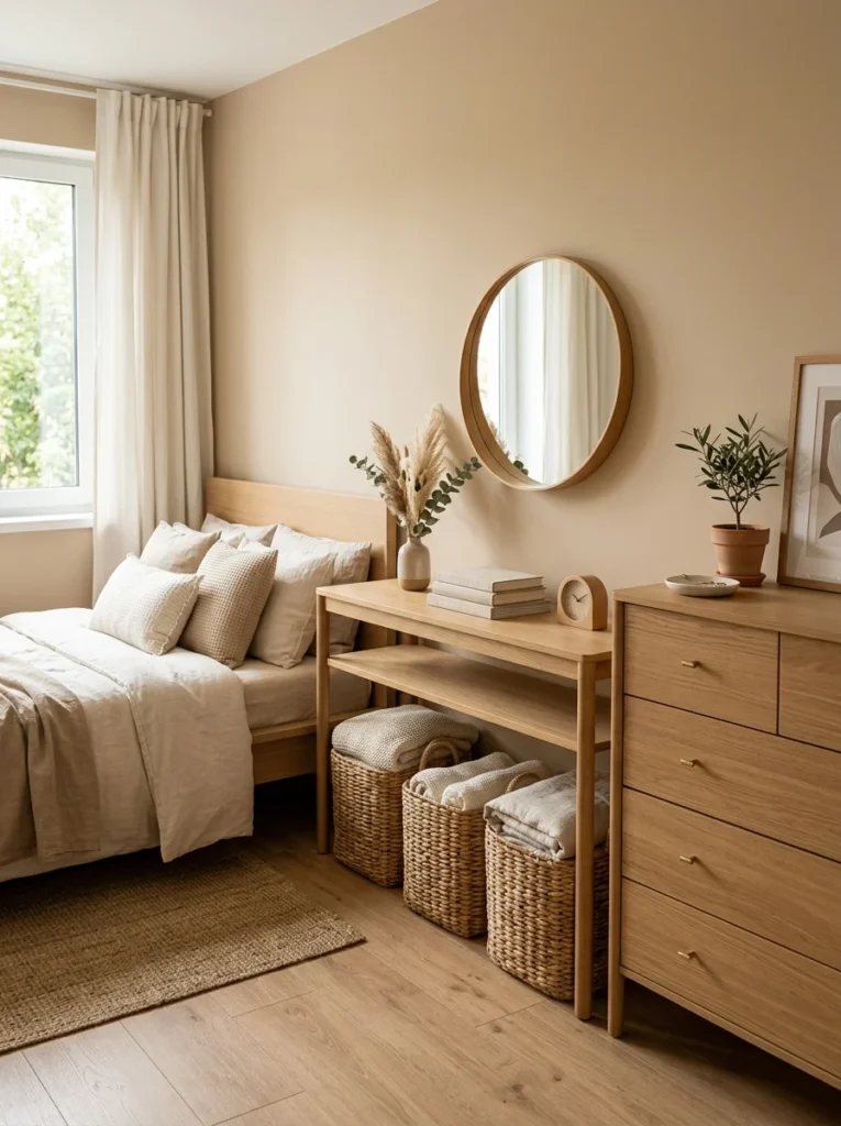 Organized aesthetic bedroom using woven baskets for attractive storage.