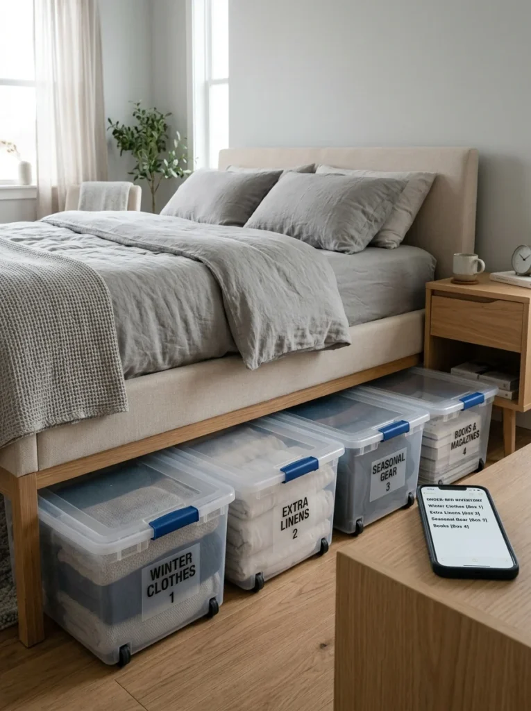 Seasonal clothing rotated in organized under-bed storage