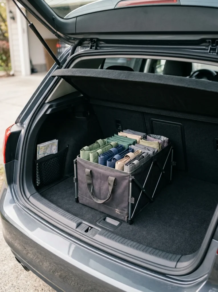 Reusable grocery bags organized in a car trunk