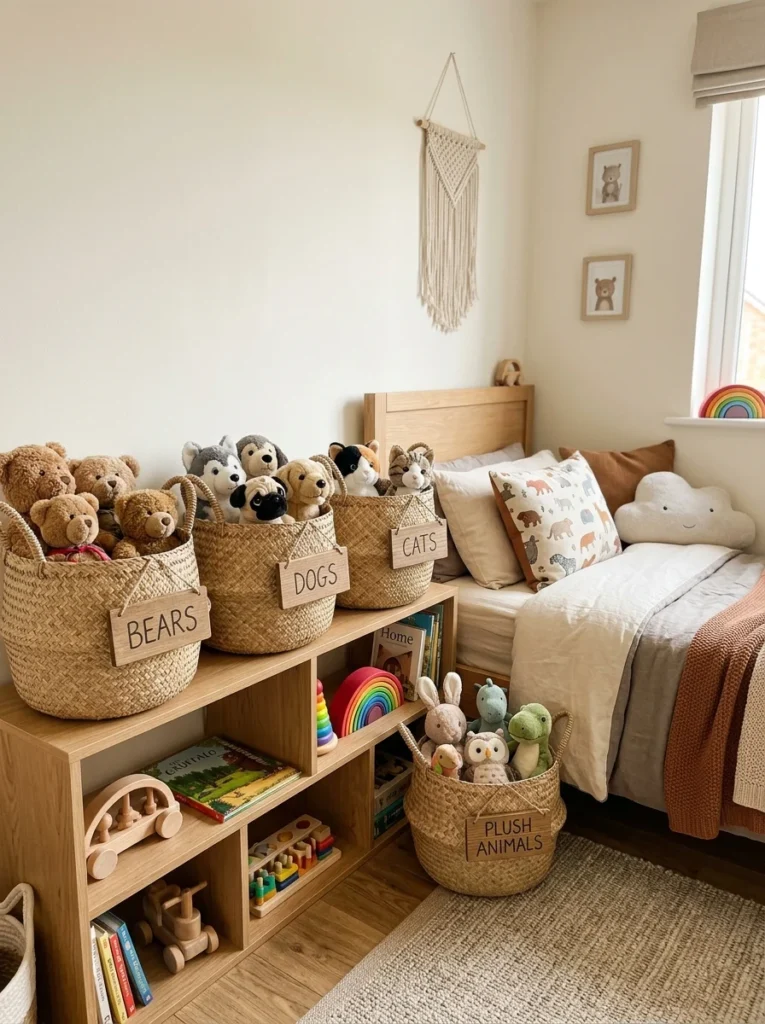 Decorative baskets sorting stuffed animals by animal type