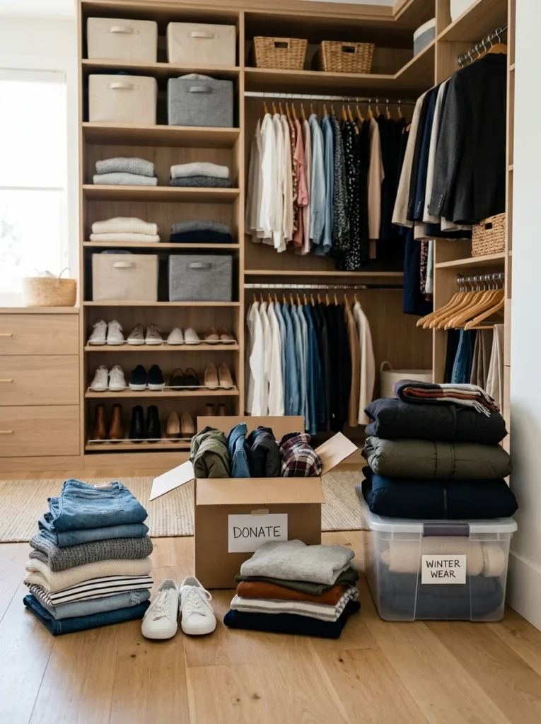 Clothing sorted into keep, donate and storage piles