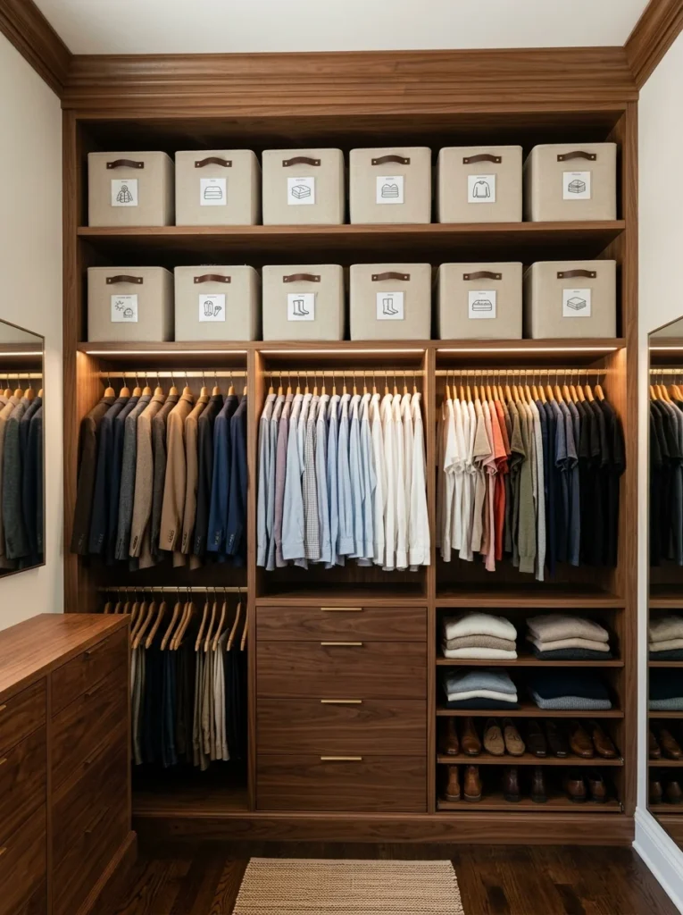 Upholstered bench providing seating in a walk-in closet
