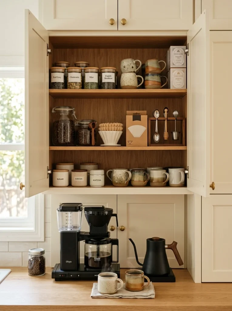 Organized kitchen cabinet dedicated to coffee and tea supplies
