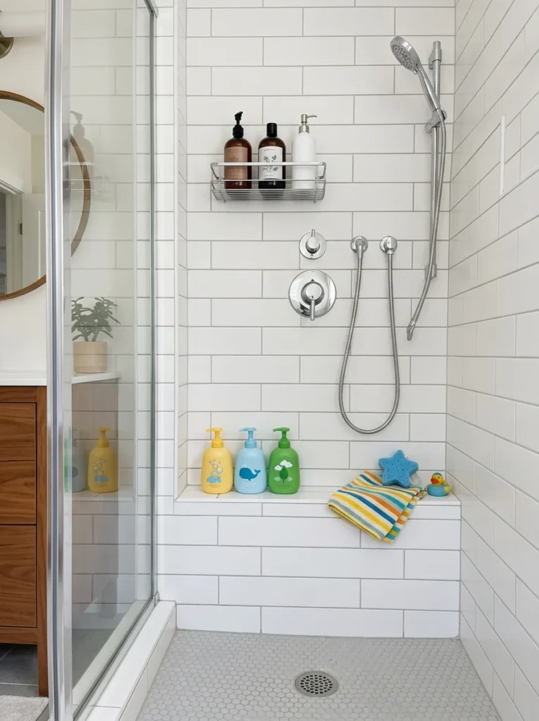: Low shower shelf organizing kids' bath products