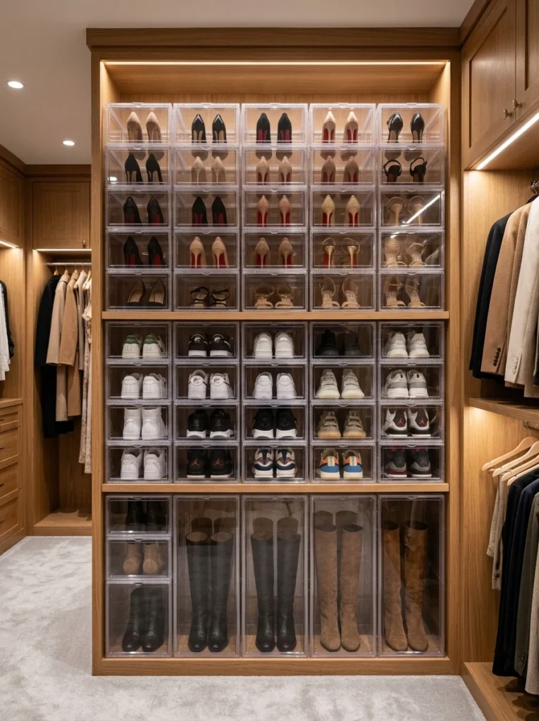 Clear shoe boxes displaying organized footwear in a closet