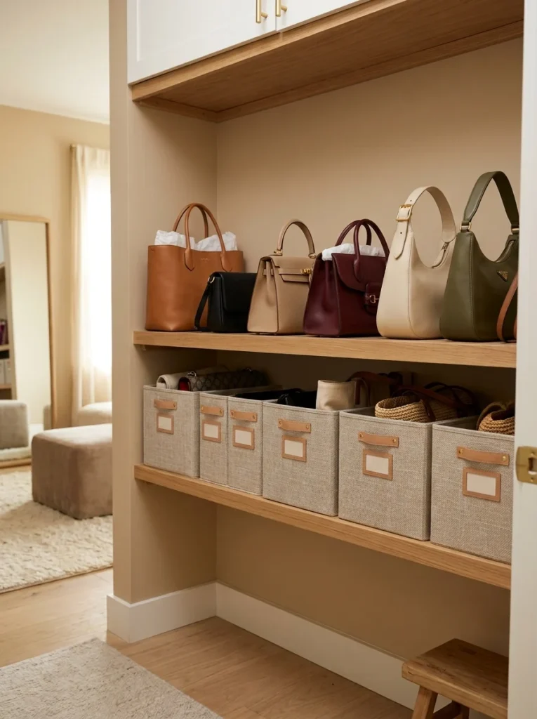 Seasonal handbags organized and rotated in closet storage
