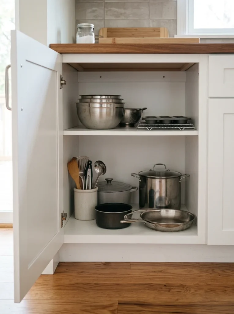 Cookware organized by everyday cooking frequency in a kitchen cabinet