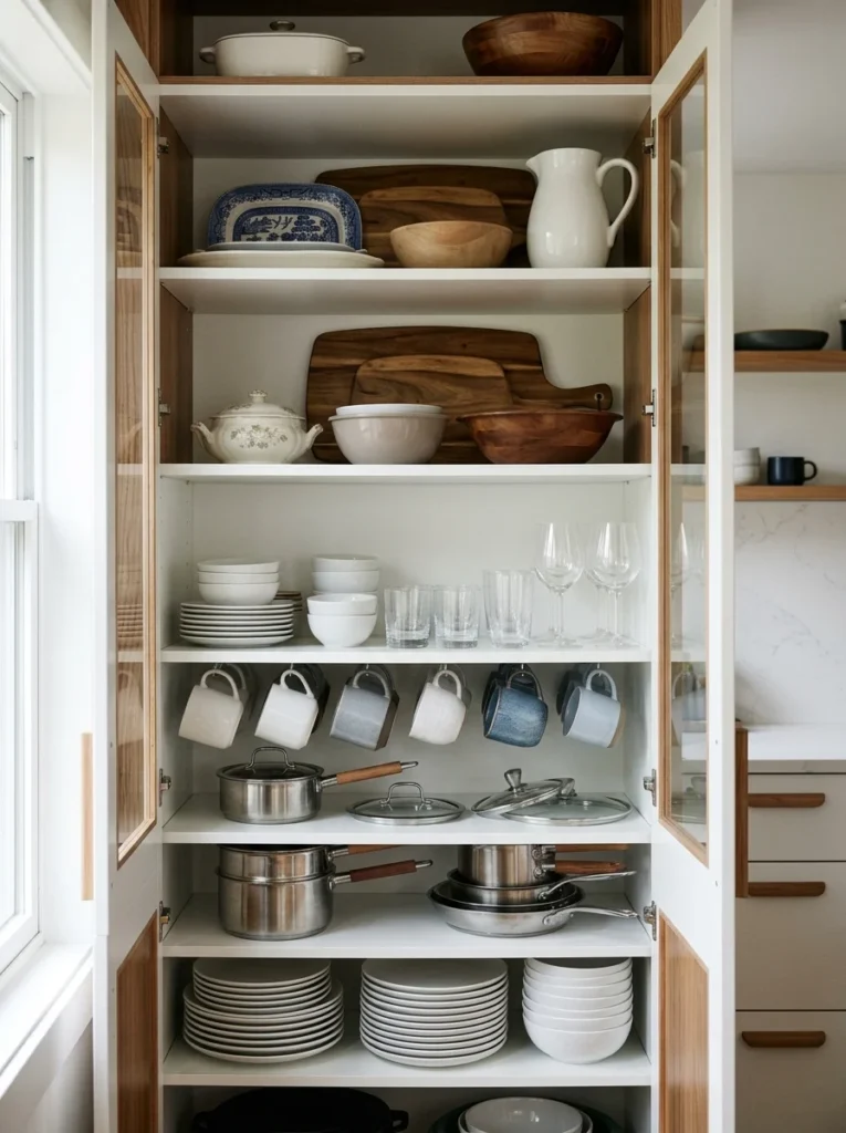 Kitchen cabinet organized by daily, weekly and occasional use