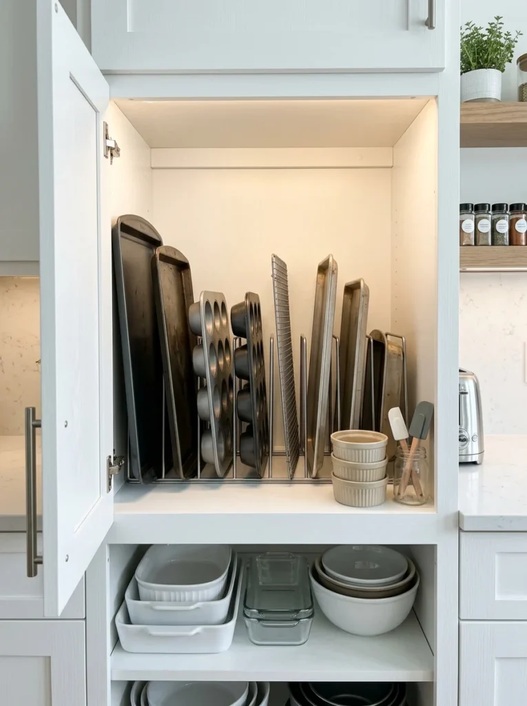 Vertical slot organizing baking sheets and muffin tins
