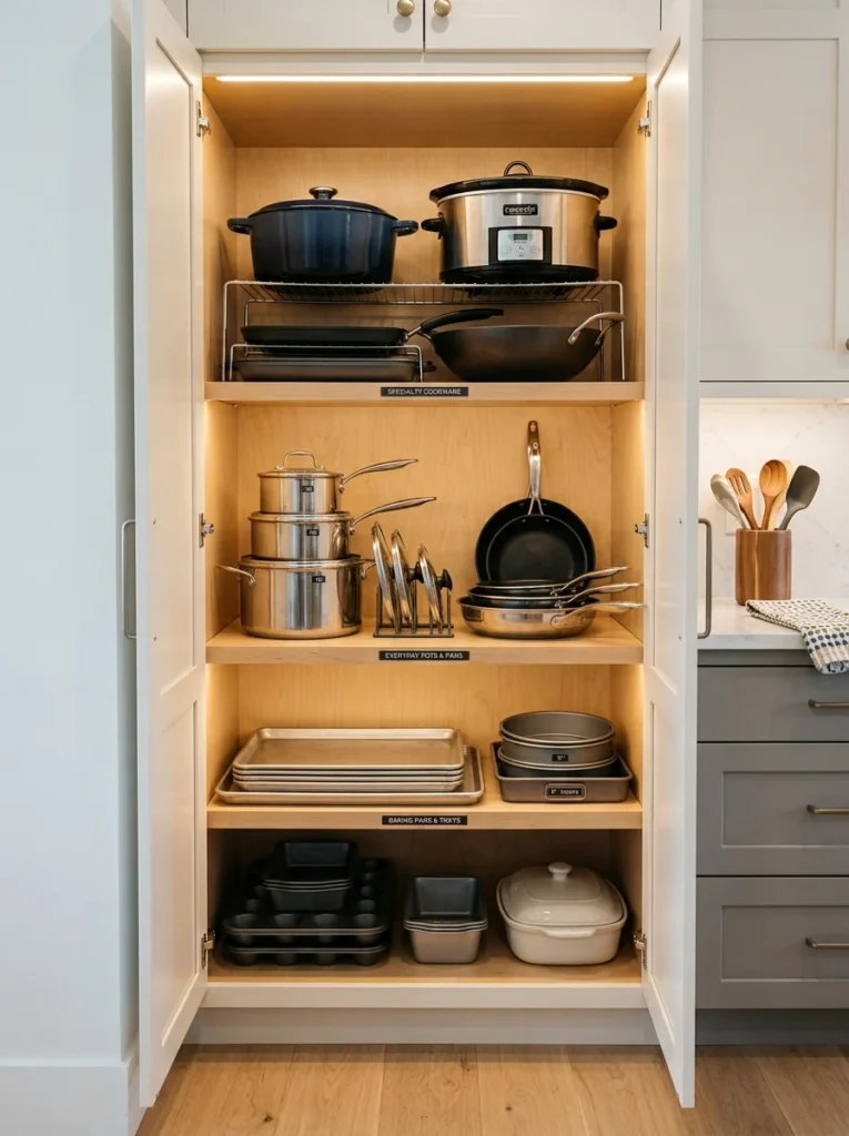 Labeled kitchen storage sections for shared cookware organization
