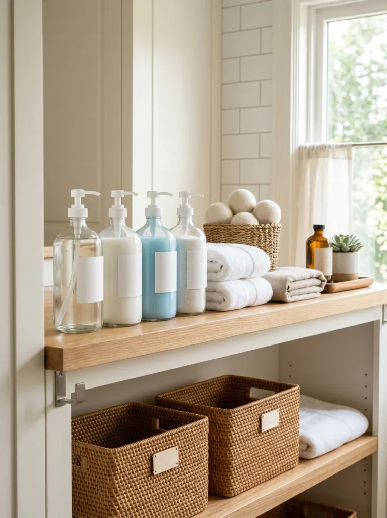 Matching detergent containers organized on a laundry room shelf